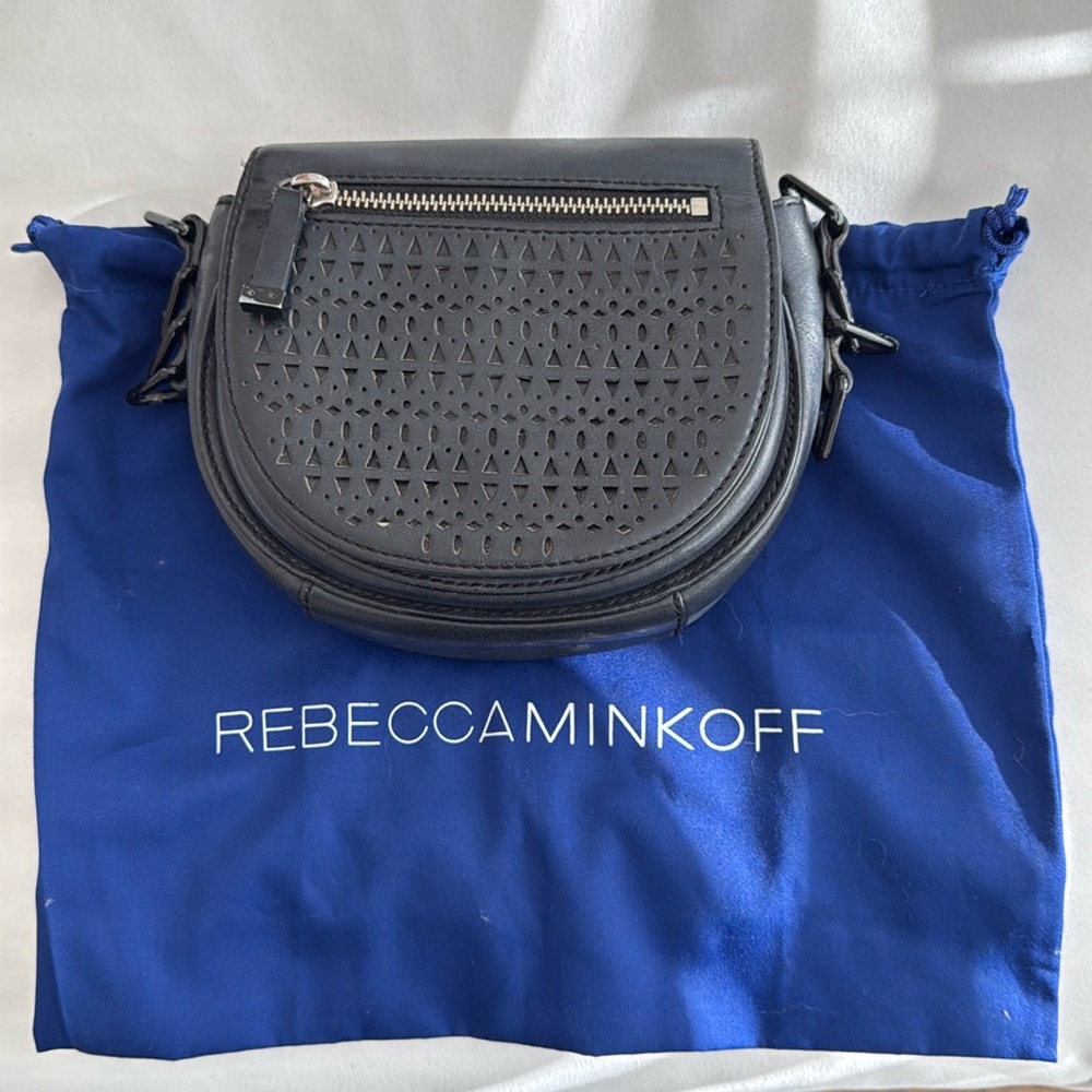 Rebecca Minkoff Astor Perforated Black Leather Saddle Bag Crossbody Adjustable